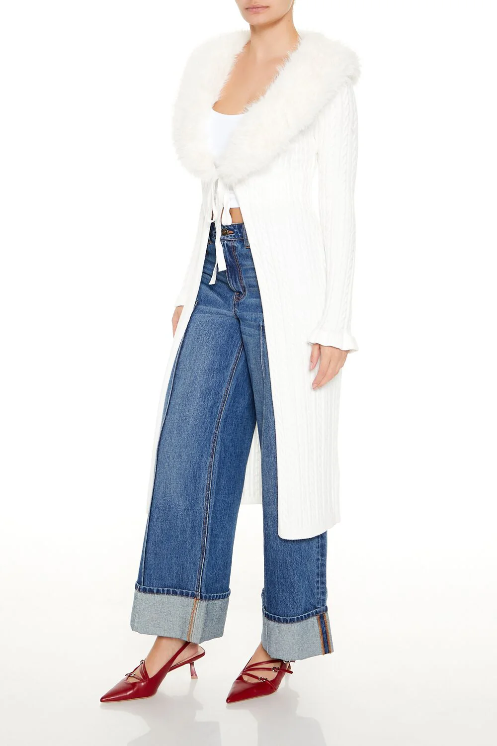 Faux Fur-Trim Longline Cardigan Sweater - Image 9