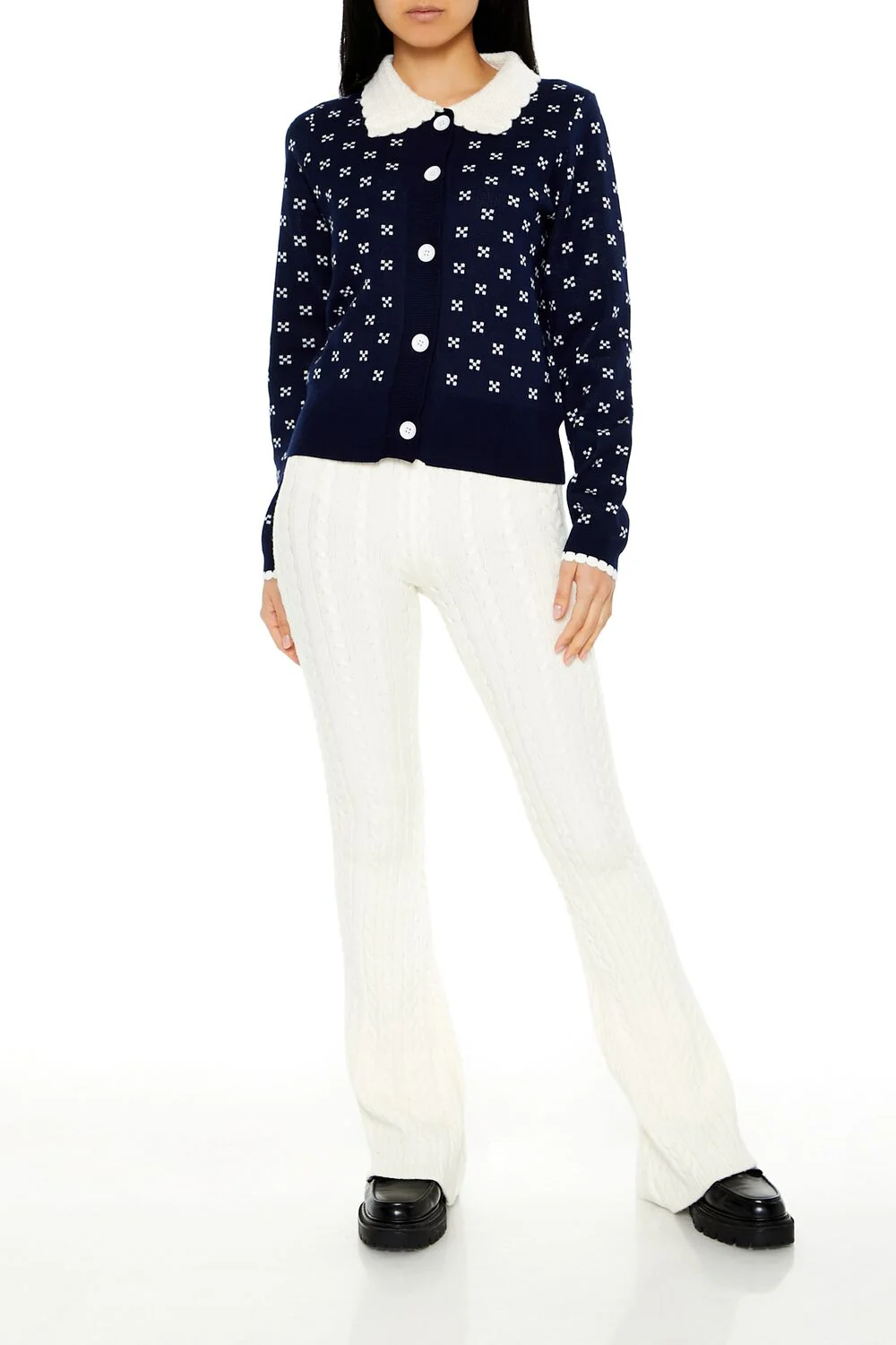 Contrast-Collar Geometric Cardigan Sweater - Image 2