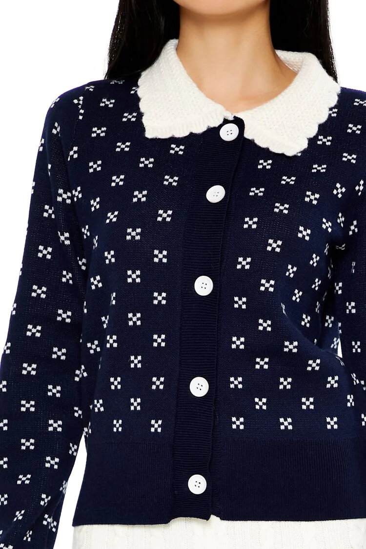 Contrast-Collar Geometric Cardigan Sweater - Image 3