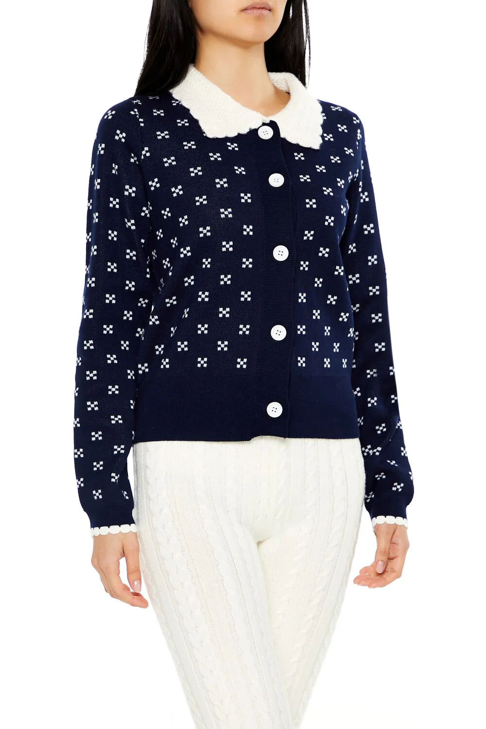 Contrast-Collar Geometric Cardigan Sweater - Image 4