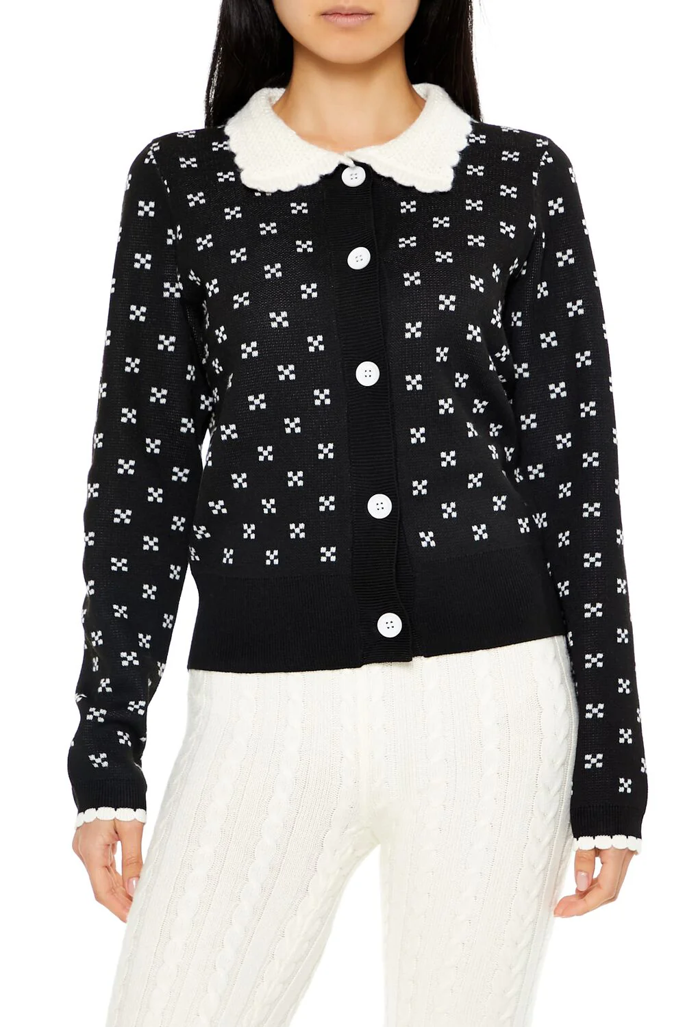 Contrast-Collar Geometric Cardigan Sweater - Image 6