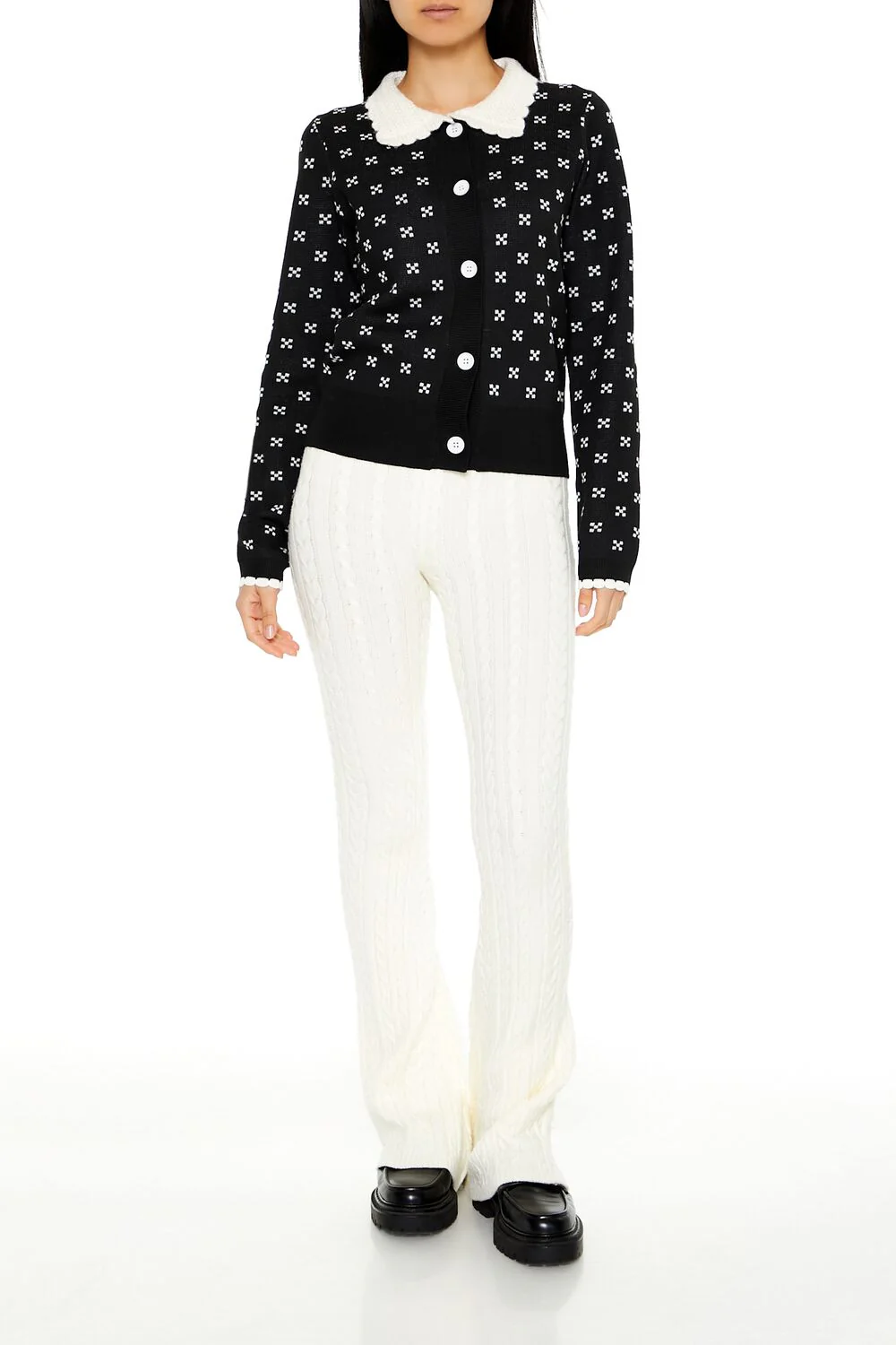 Contrast-Collar Geometric Cardigan Sweater - Image 7
