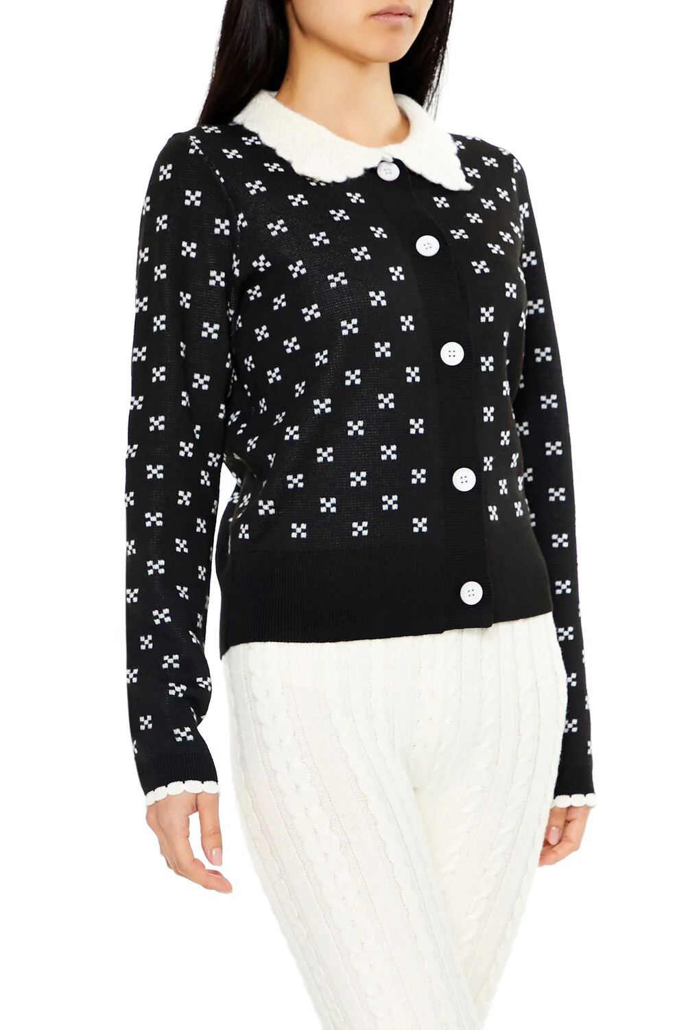 Contrast-Collar Geometric Cardigan Sweater - Image 9