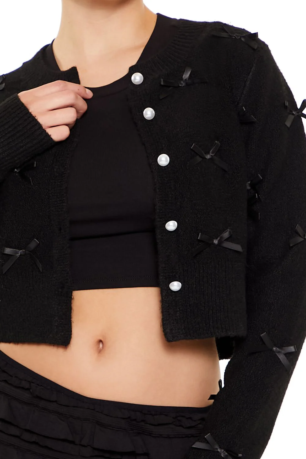 Bow & Faux Pearl Cardigan Sweater - Image 3