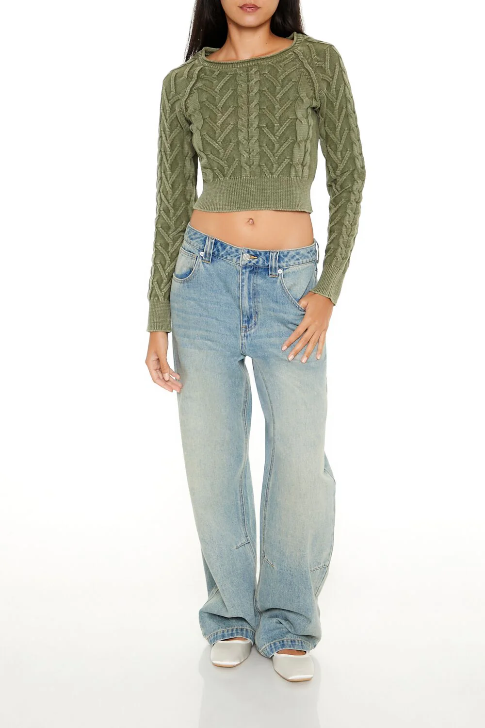 Cable Knit Cropped Sweater - Image 2