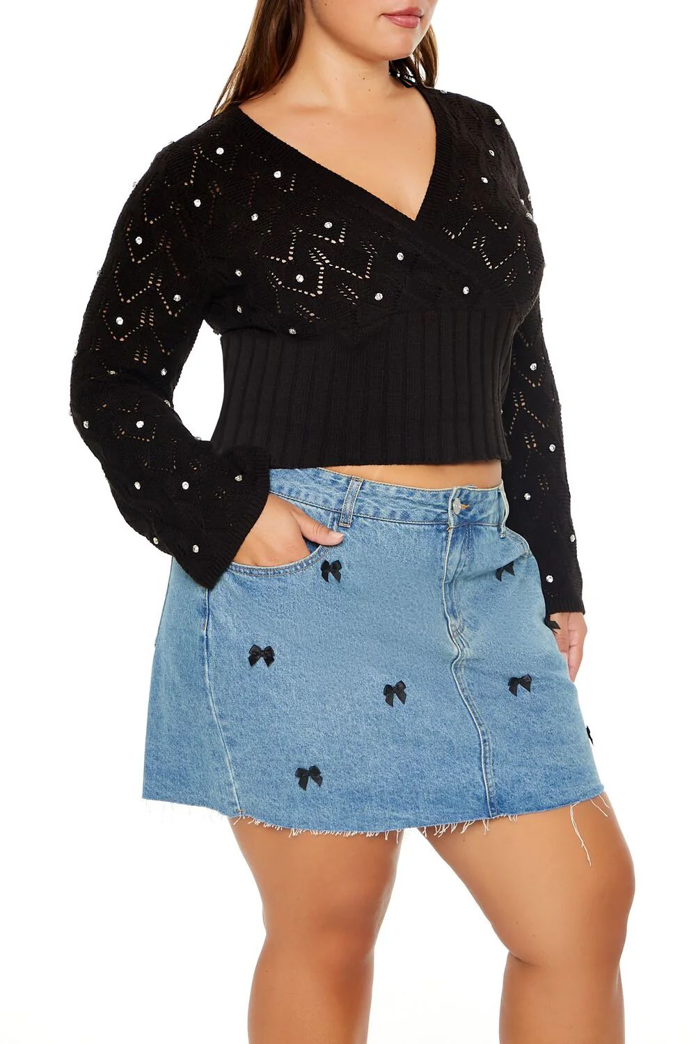 Plus Size Pointelle Surplice Sweater - Image 4