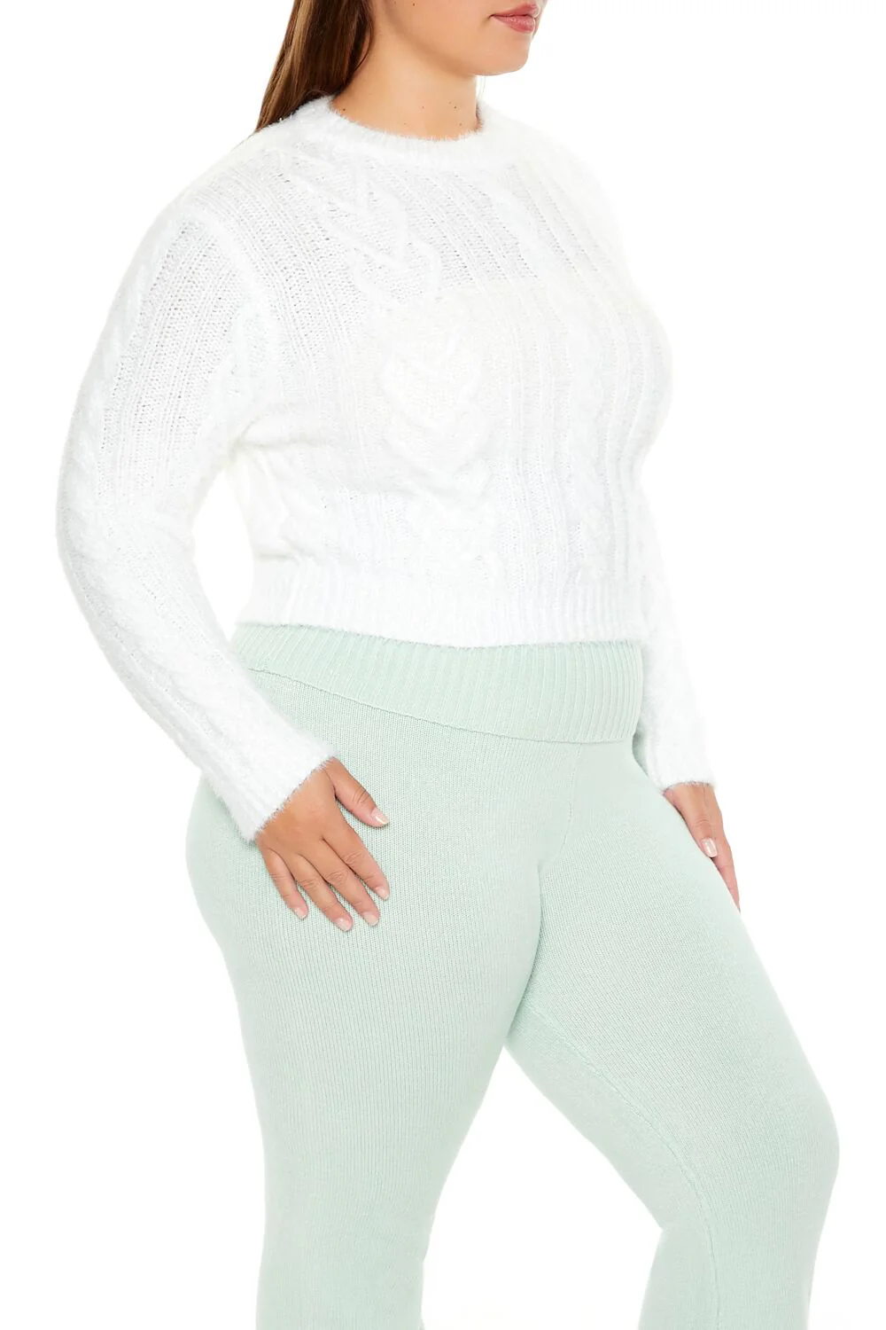 Plus Size Fuzzy Cable Knit Sweater - Image 4