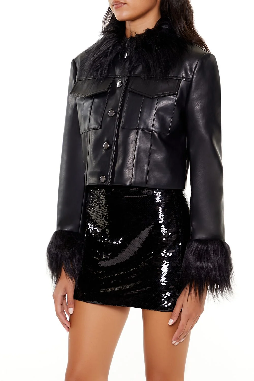 Faux Fur & Leather Trucker Jacket - Image 4