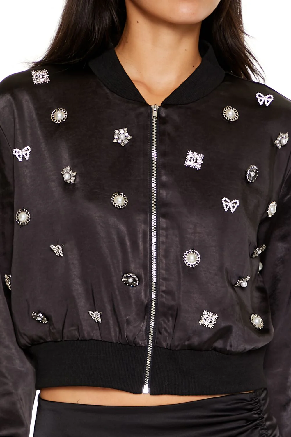 Rhinestone Charm Bomber Jacket - Image 3