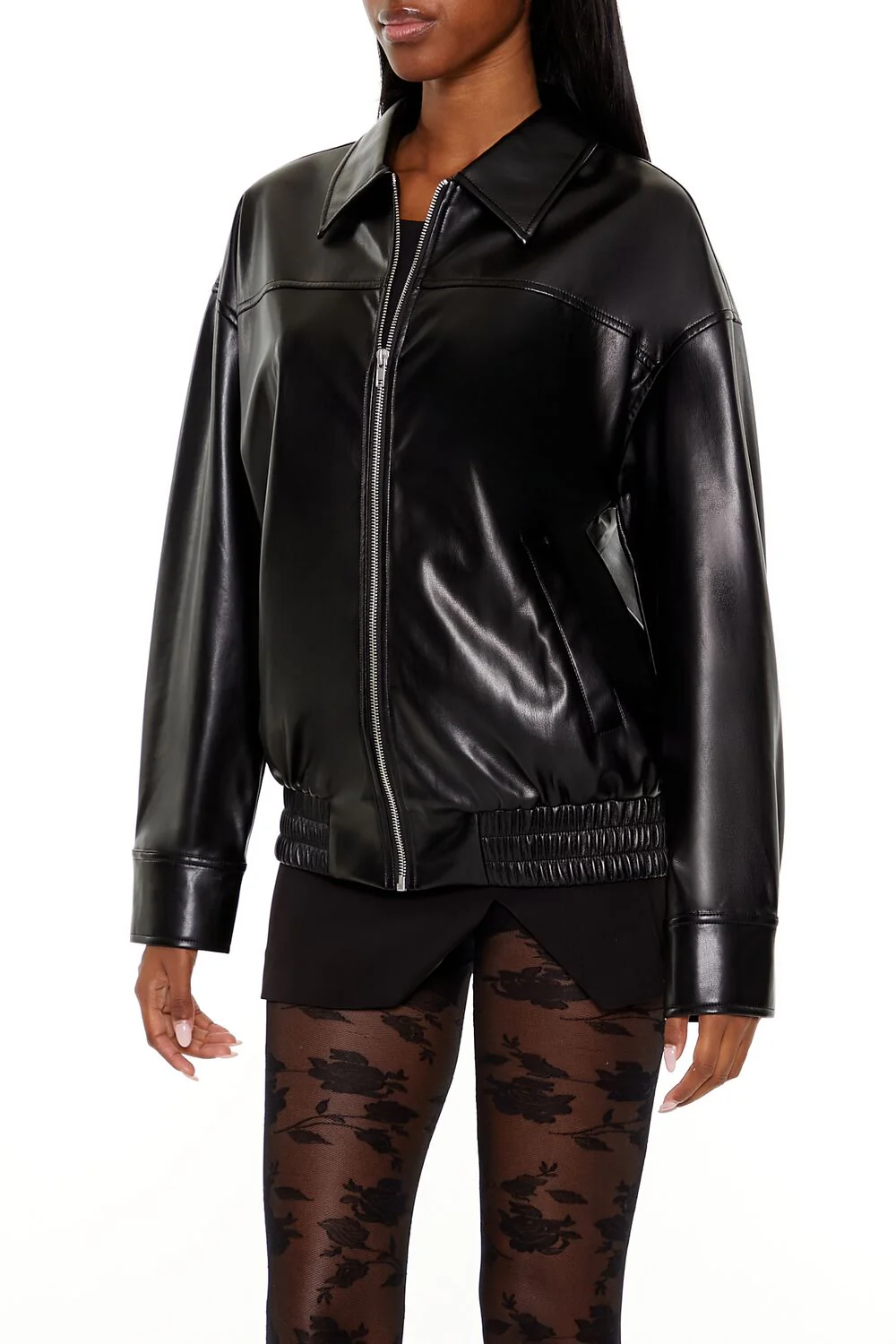 Faux Leather Zip-Up Bomber Jacket - Image 4