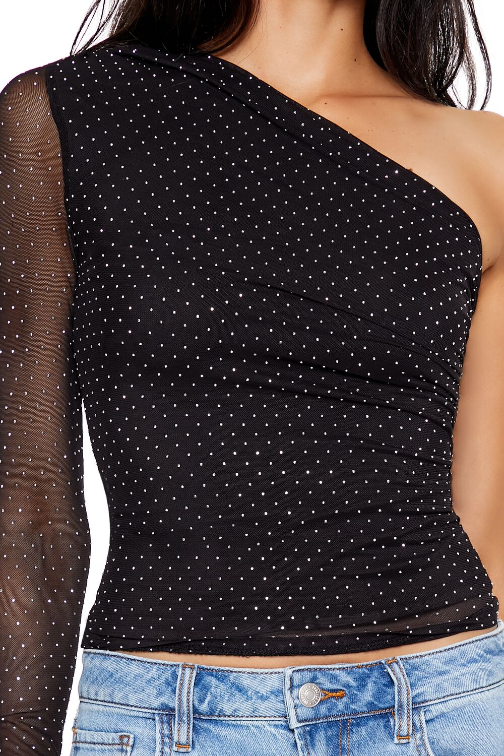 Rhinestone One-Shoulder Crop Top - Image 3