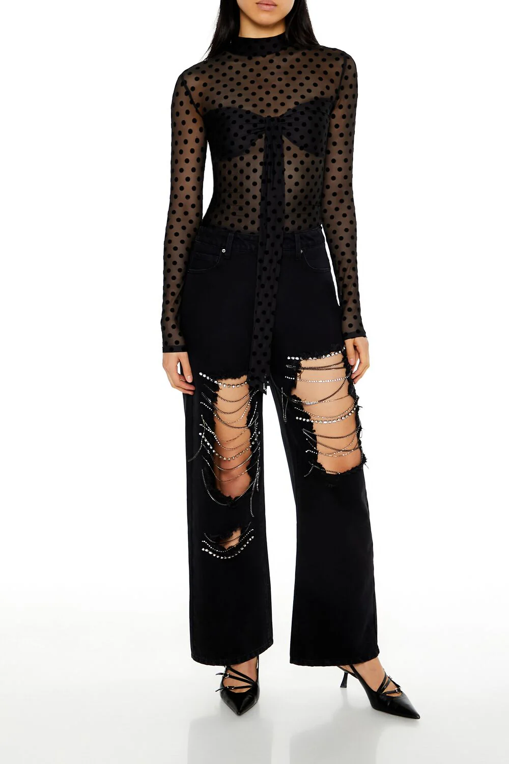 Mesh Polka Dot Mock Neck Top - Image 2