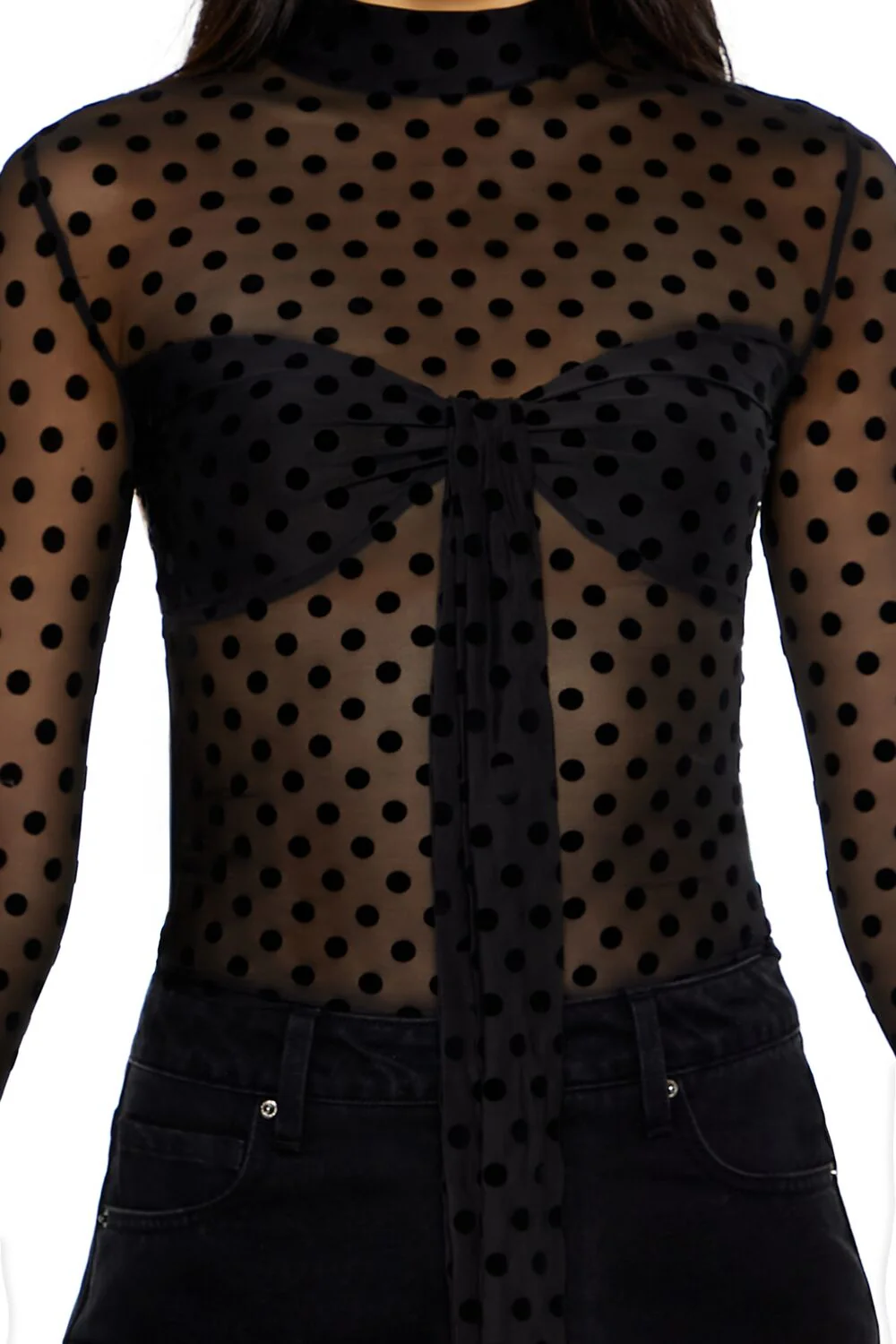 Mesh Polka Dot Mock Neck Top - Image 3