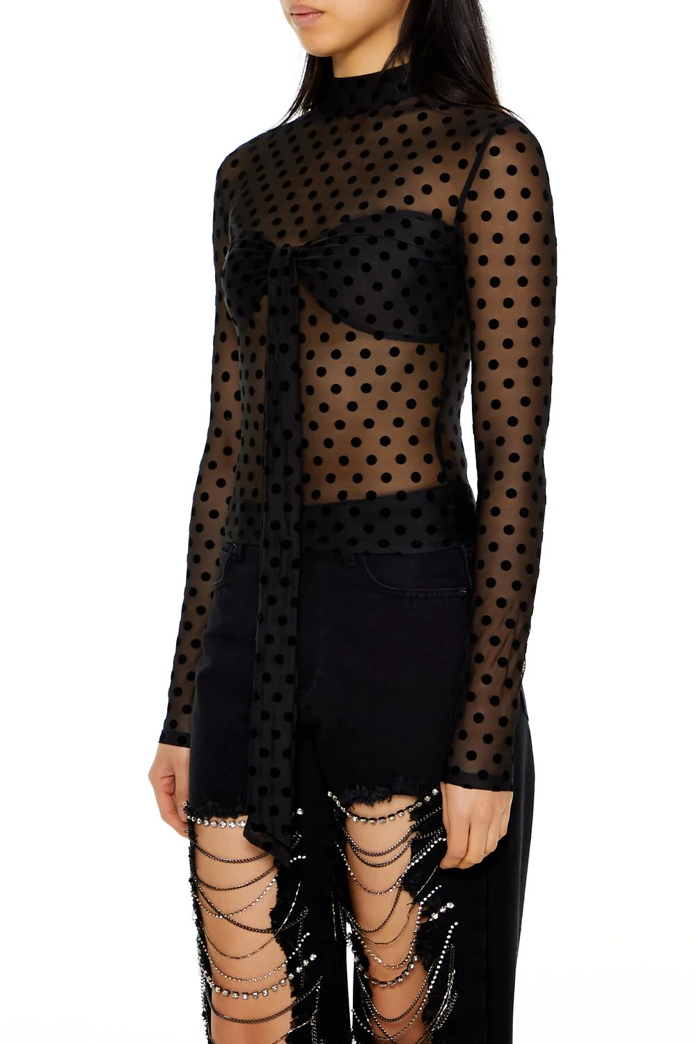 Mesh Polka Dot Mock Neck Top - Image 4