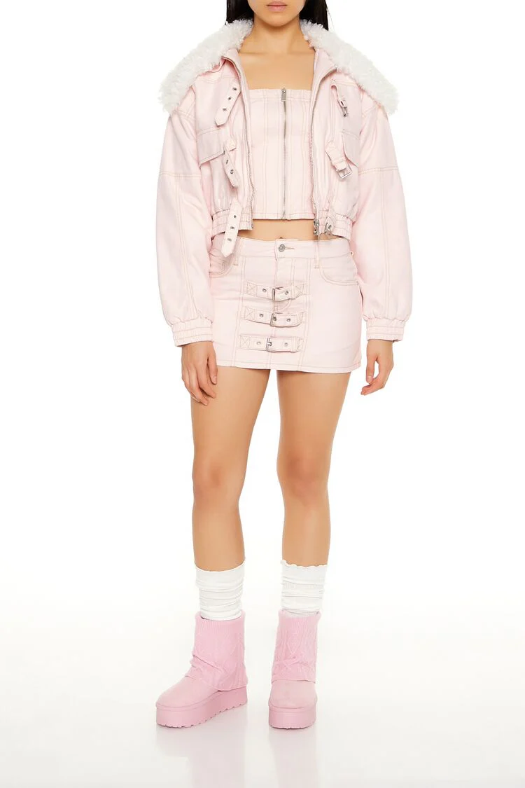 Strappy Faux Fur-Trim Denim Bomber Jacket - Image 2