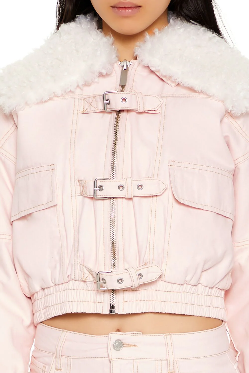 Strappy Faux Fur-Trim Denim Bomber Jacket - Image 3