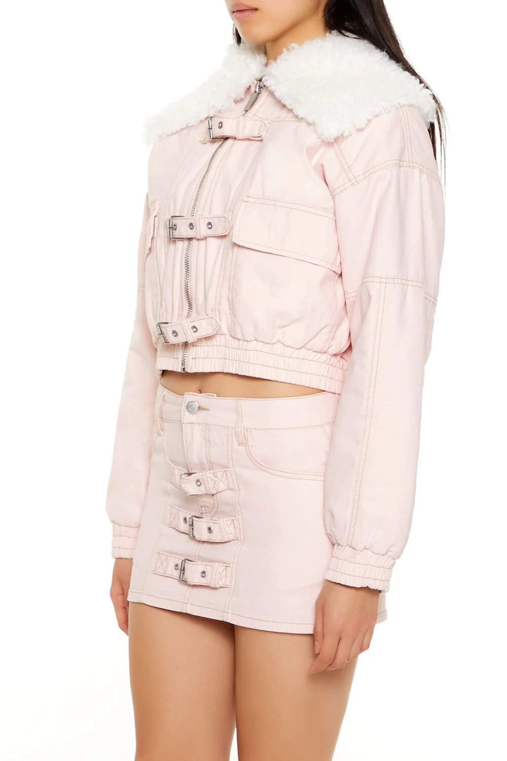 Strappy Faux Fur-Trim Denim Bomber Jacket - Image 4