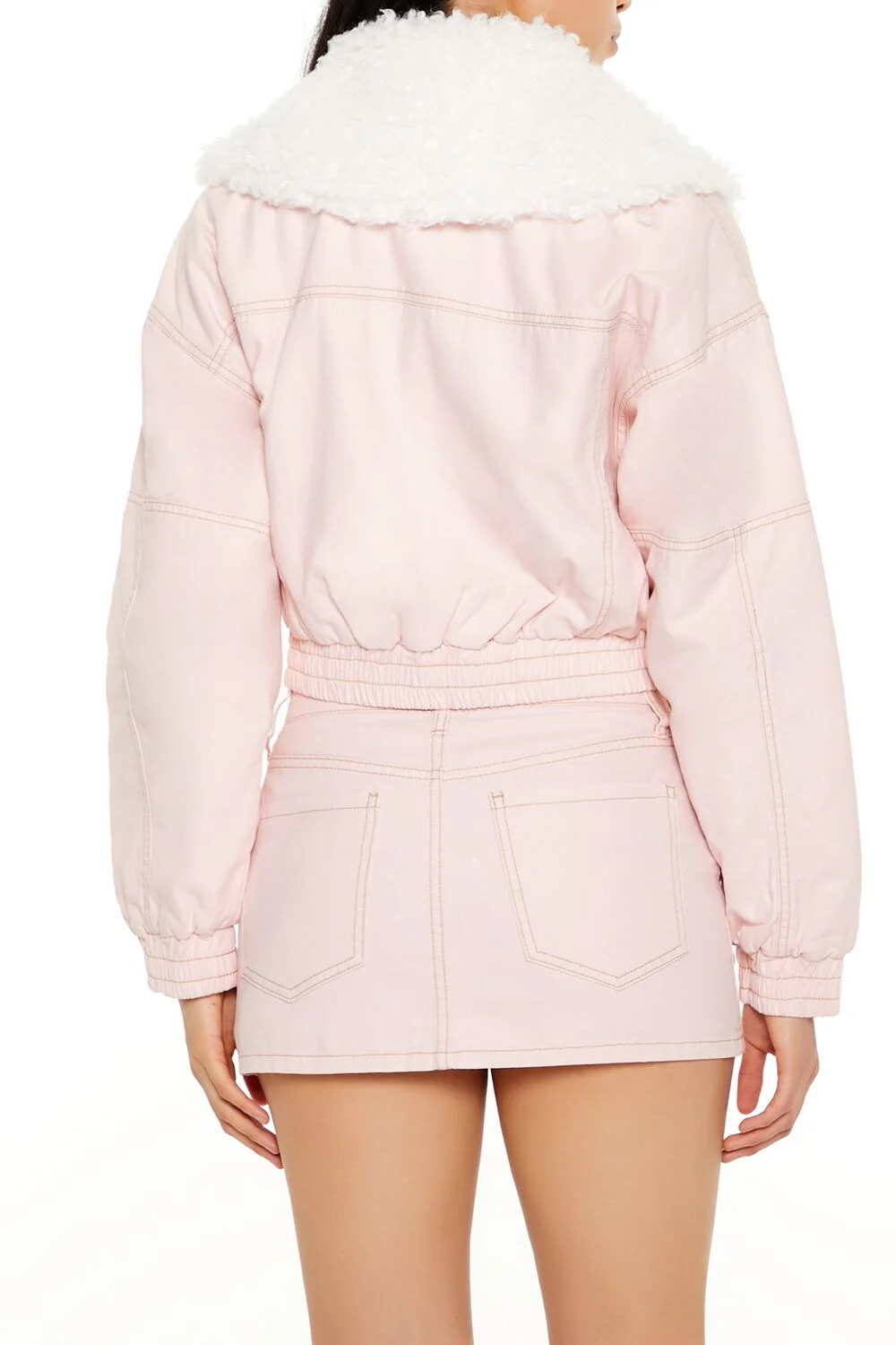 Strappy Faux Fur-Trim Denim Bomber Jacket - Image 5