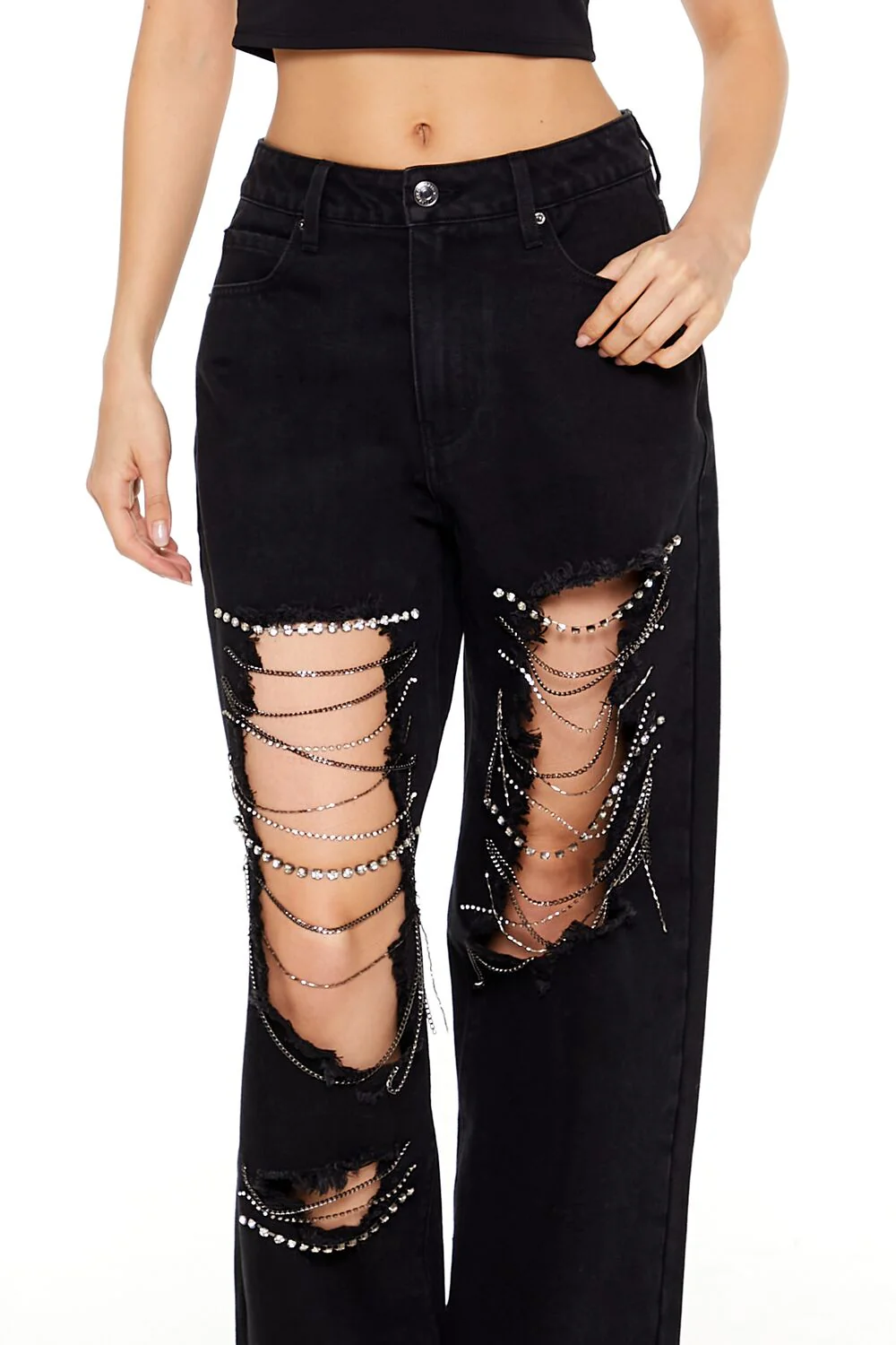 Rhinestone Chain High-Rise Jeans - Image 5