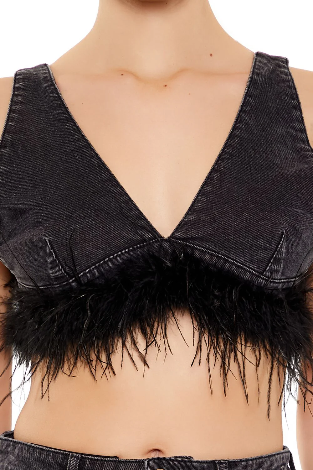 Feather-Trim Denim Bralette - Image 3