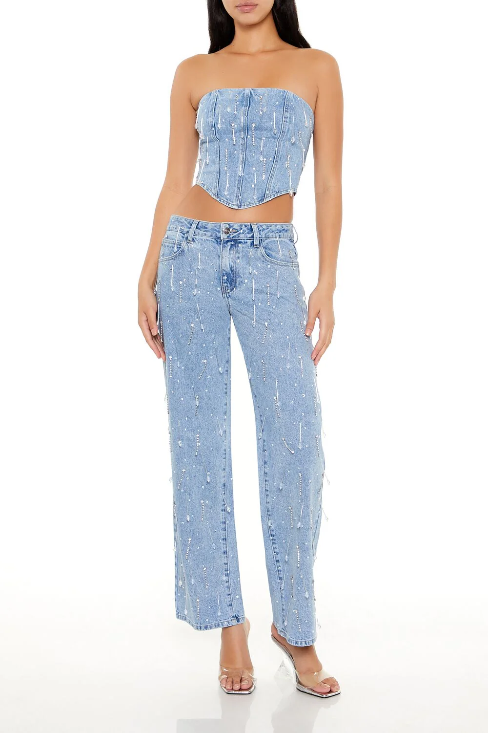 Rhinestone Denim Tube Crop Top - Image 2