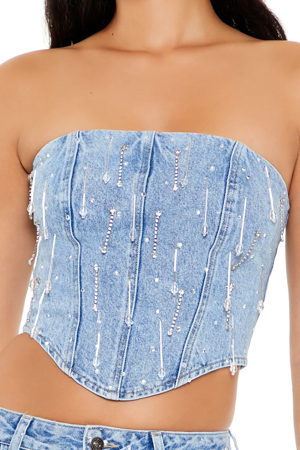 Rhinestone Denim Tube Crop Top - Image 3