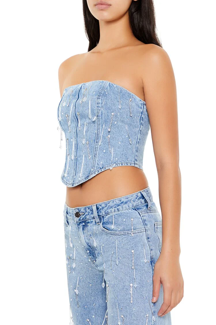 Rhinestone Denim Tube Crop Top - Image 4