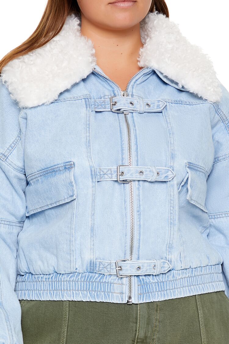 Plus Size Faux Shearling Denim Jacket - Image 2