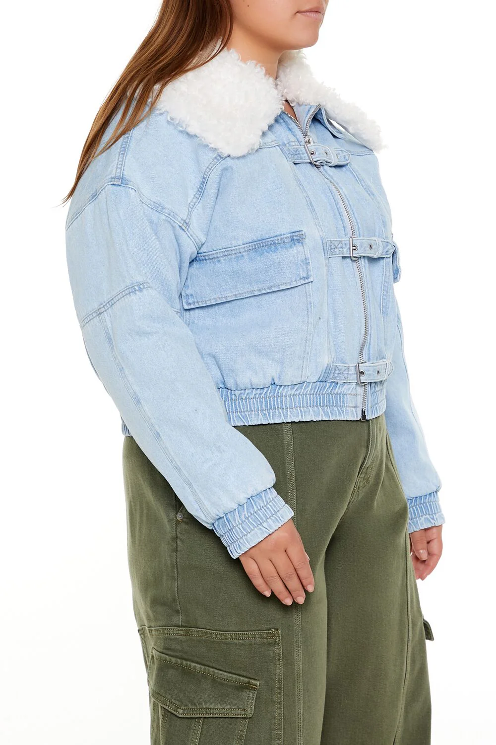 Plus Size Faux Shearling Denim Jacket - Image 3