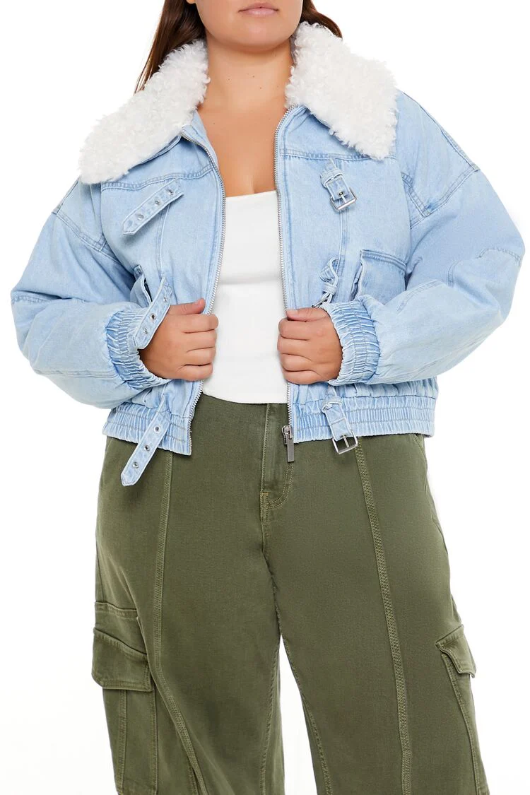 Plus Size Faux Shearling Denim Jacket - Image 5