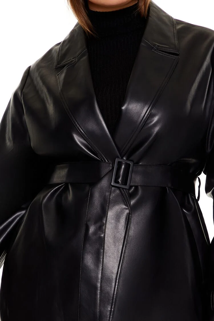 Plus Size Faux Leather Trench Coat - Image 3