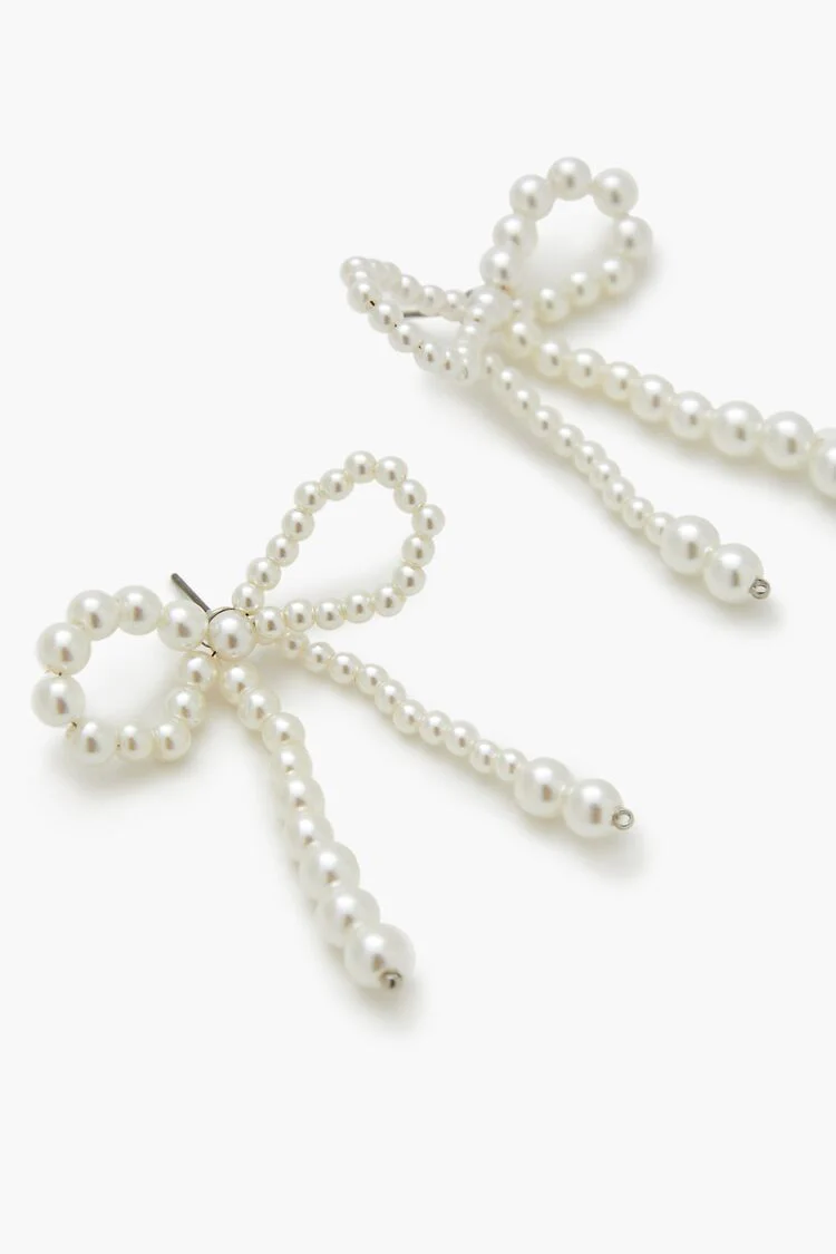 Faux Pearl Bow Drop Earrings - Image 3