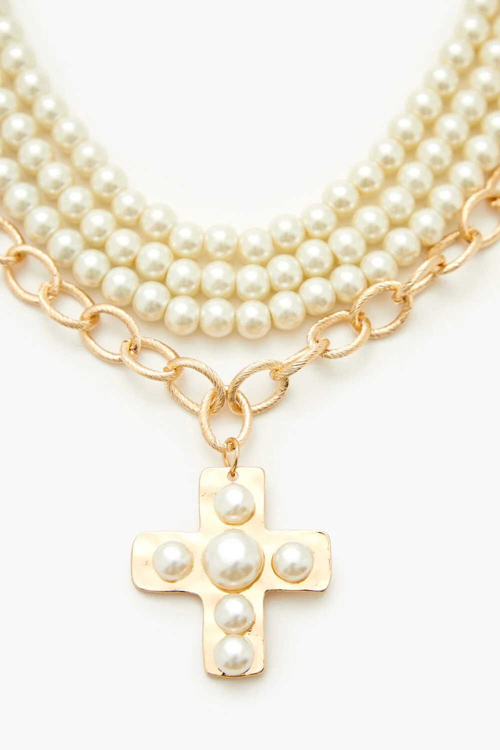 Layered Faux Pearl Cross Necklace - Image 2