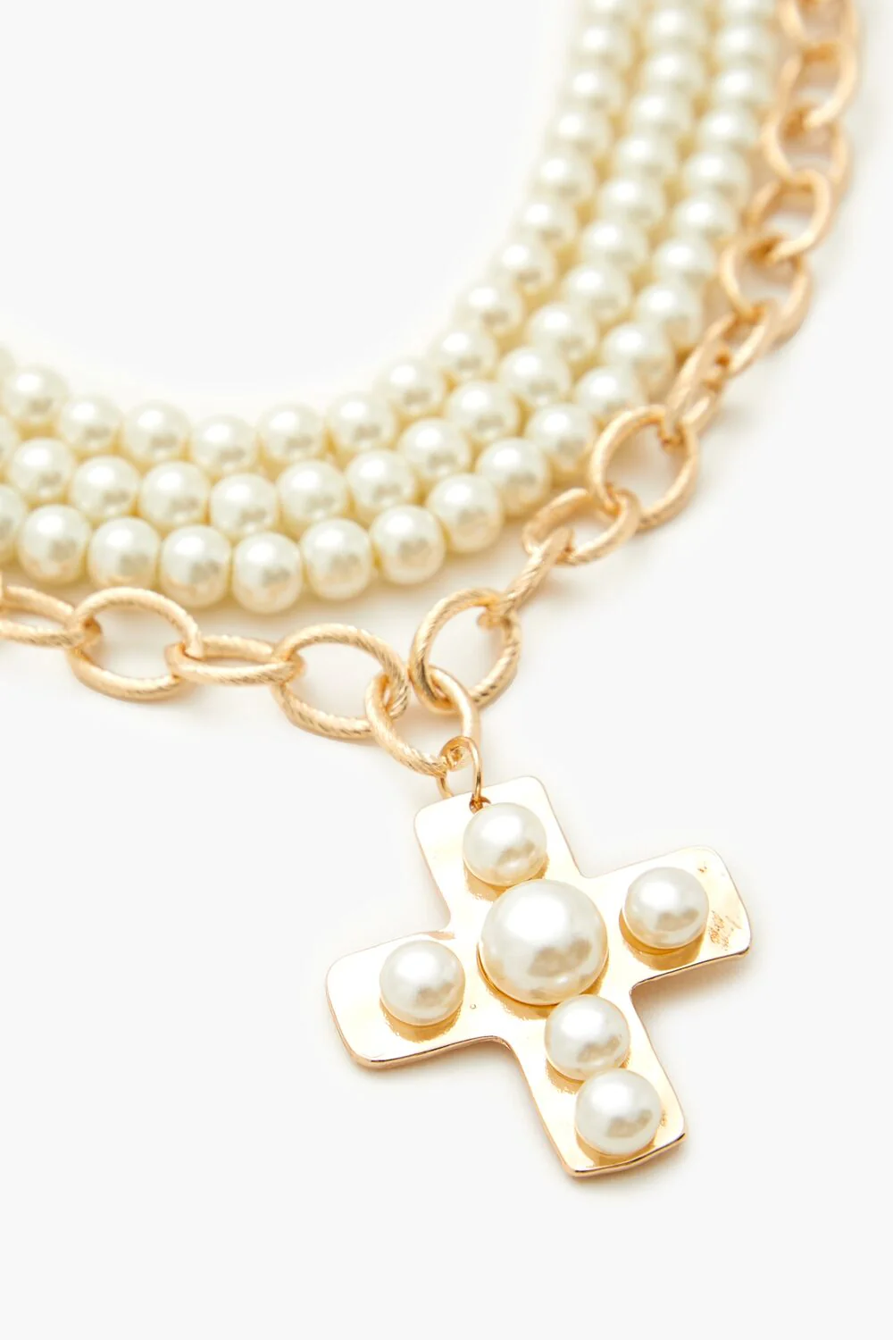 Layered Faux Pearl Cross Necklace - Image 3