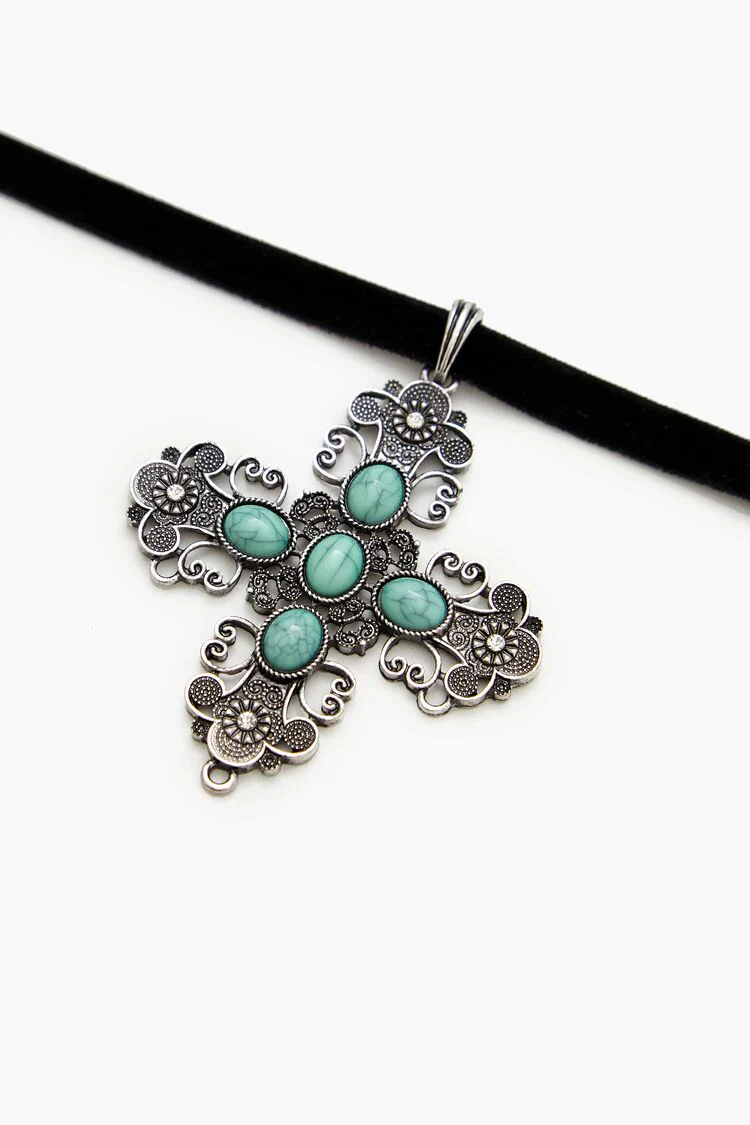 Velvet Faux Stone Cross Necklace - Image 3