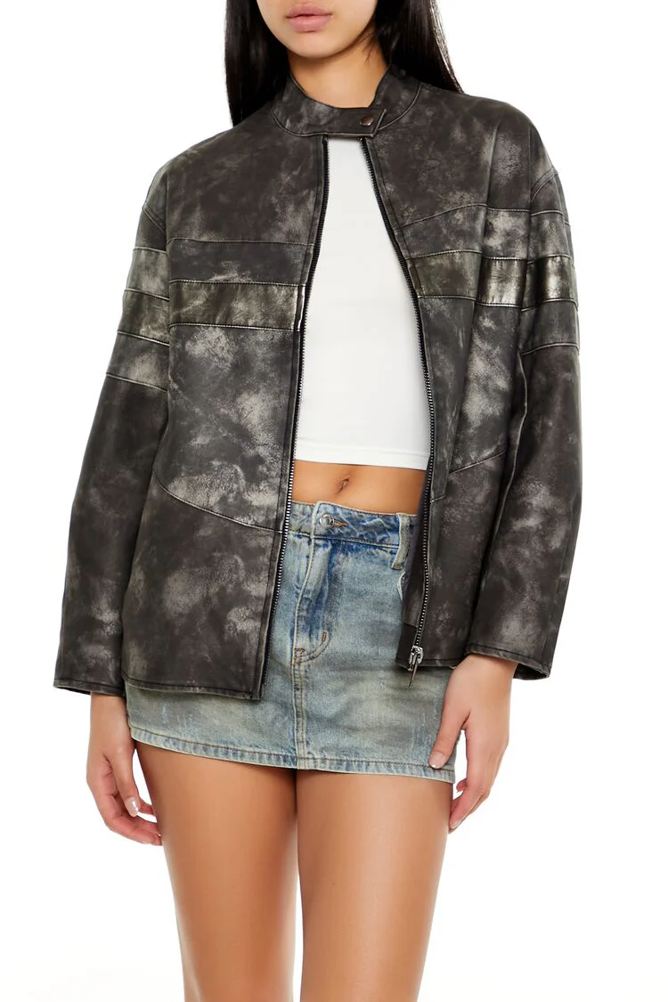 Oil Wash Faux Leather Moto Jacket - Image 6