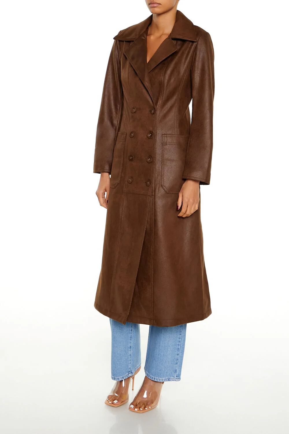 Notched Faux Suede Trench Coat - Image 3