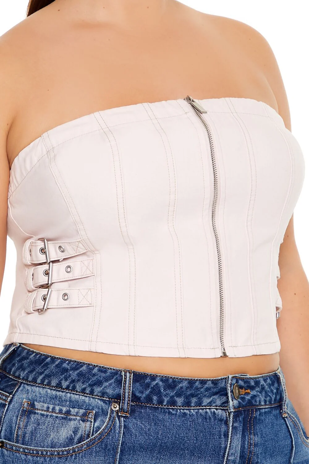 Plus Size Denim Zip-Up Tube Top - Image 3