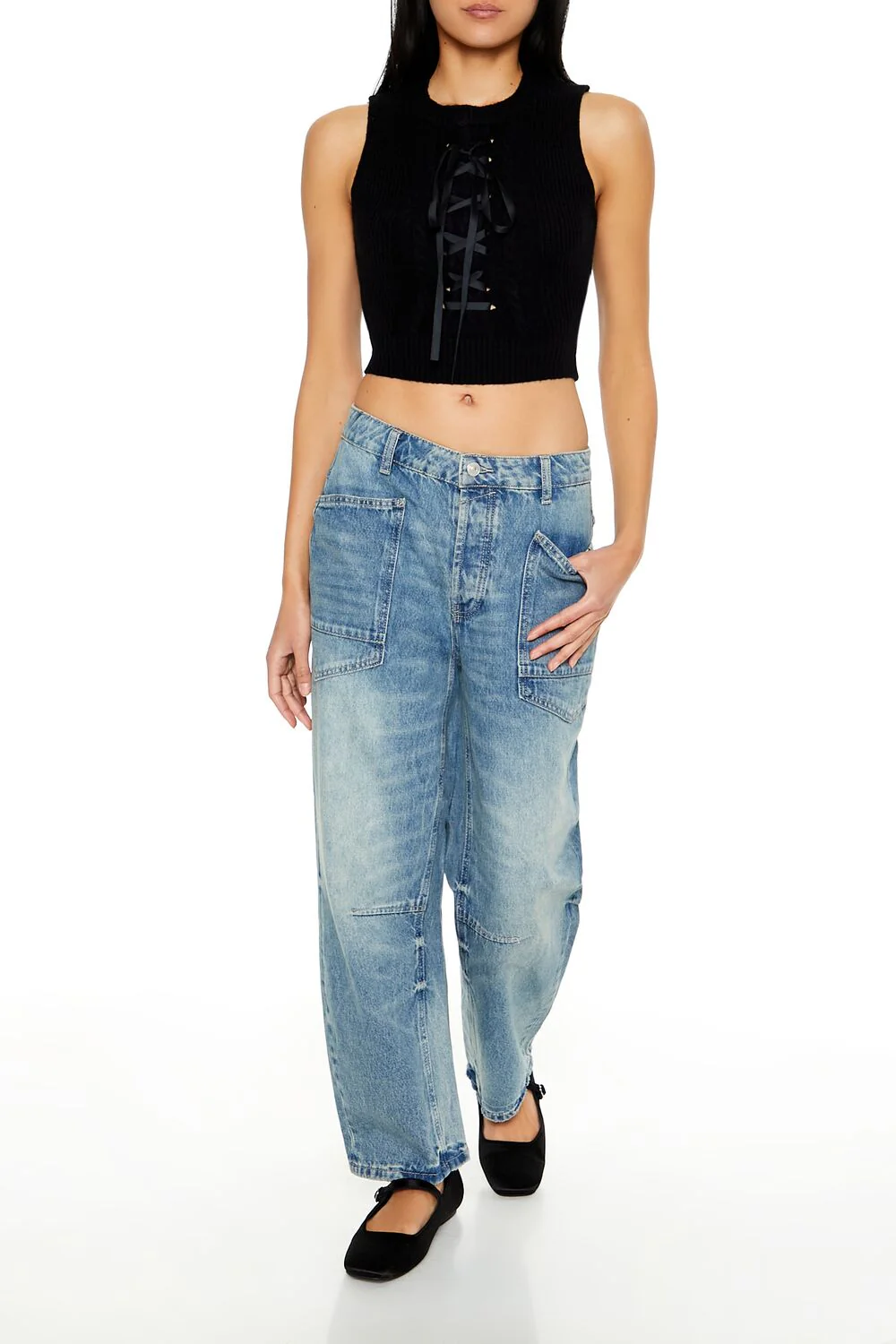 Sweater-Knit Lace-Up Crop Top - Image 2