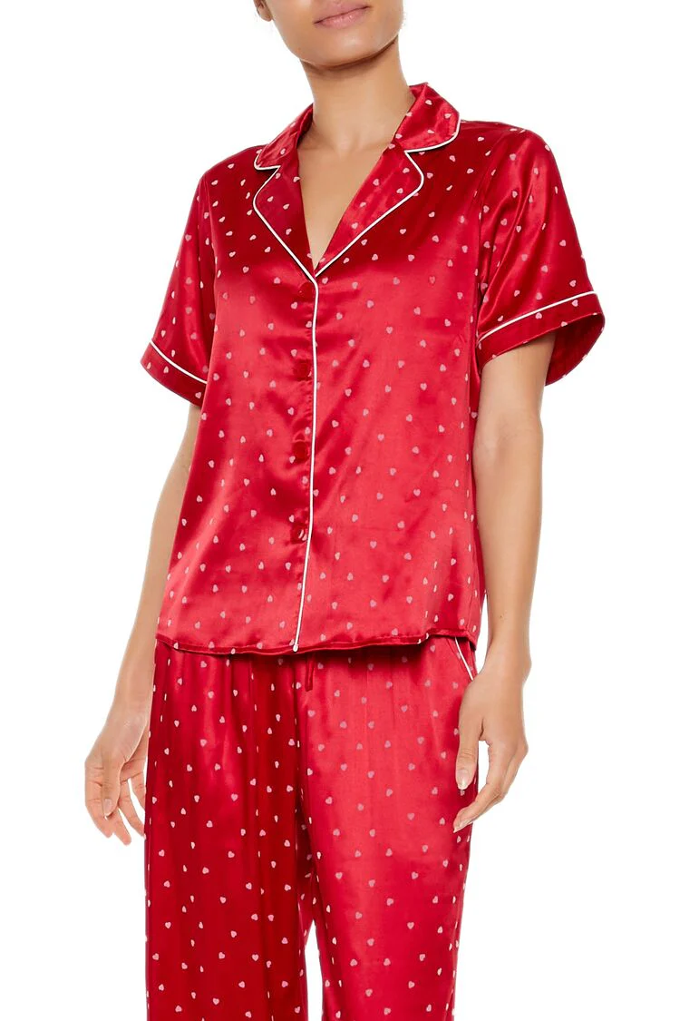Heart Print Pajama Shirt & Pants Set - Image 2