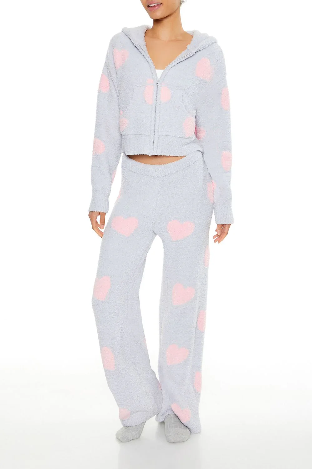 Heart Print Pajama Zip-Up Hoodie - Image 2