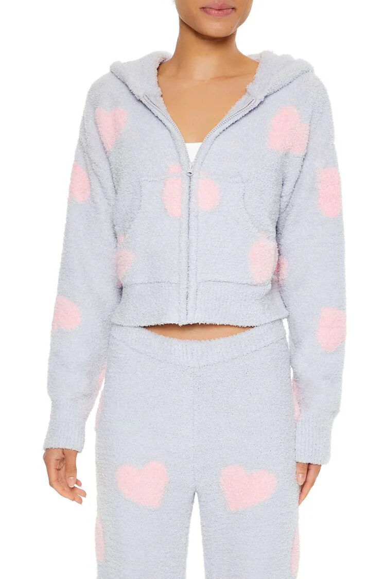 Heart Print Pajama Zip-Up Hoodie - Image 3