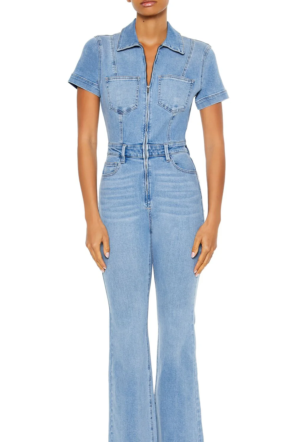 Denim Zip-Up Flare Jumpsuit - Image 2