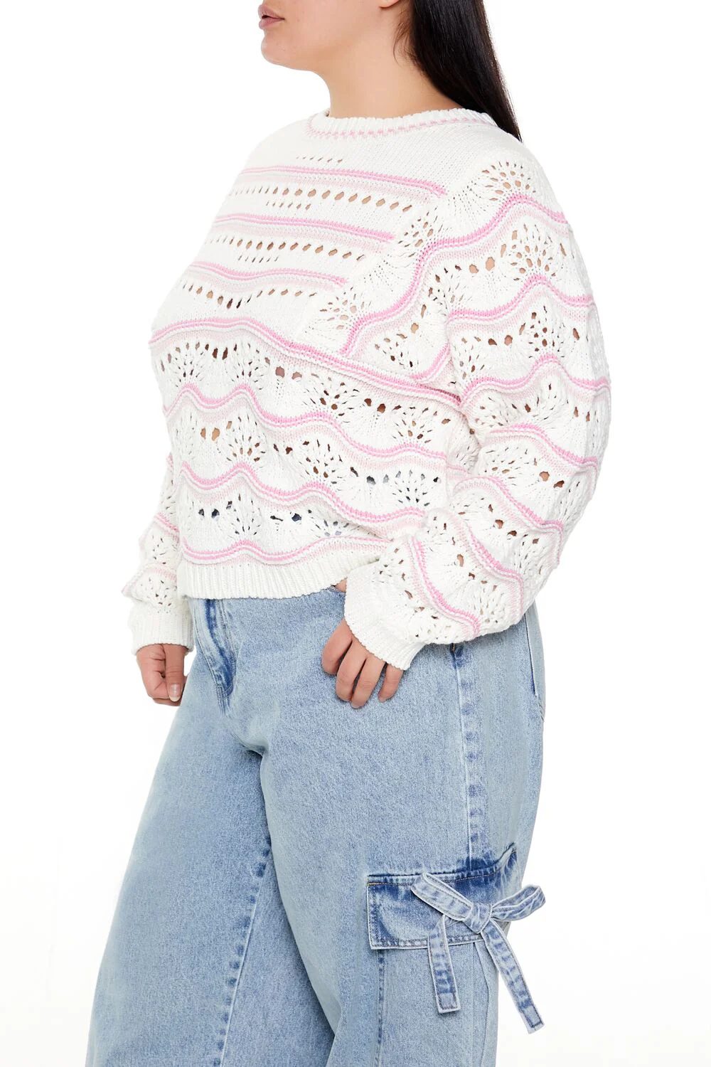 Plus Size Open-Knit Two-Tone Sweater - Image 4