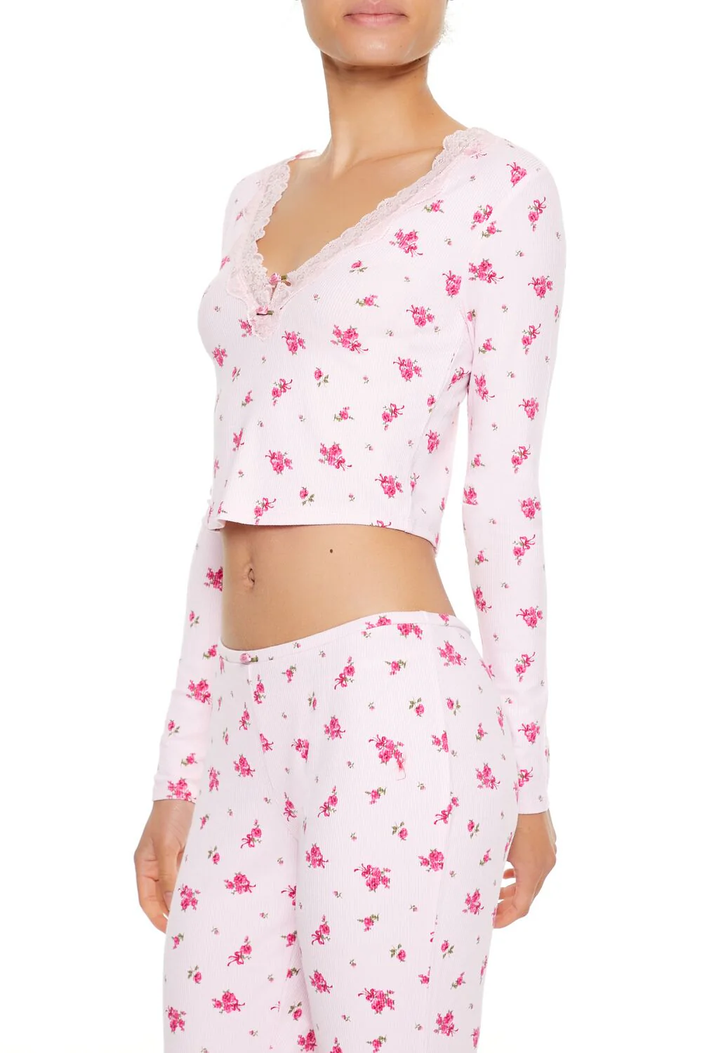 Floral Print Rosette Pajama Top - Image 4