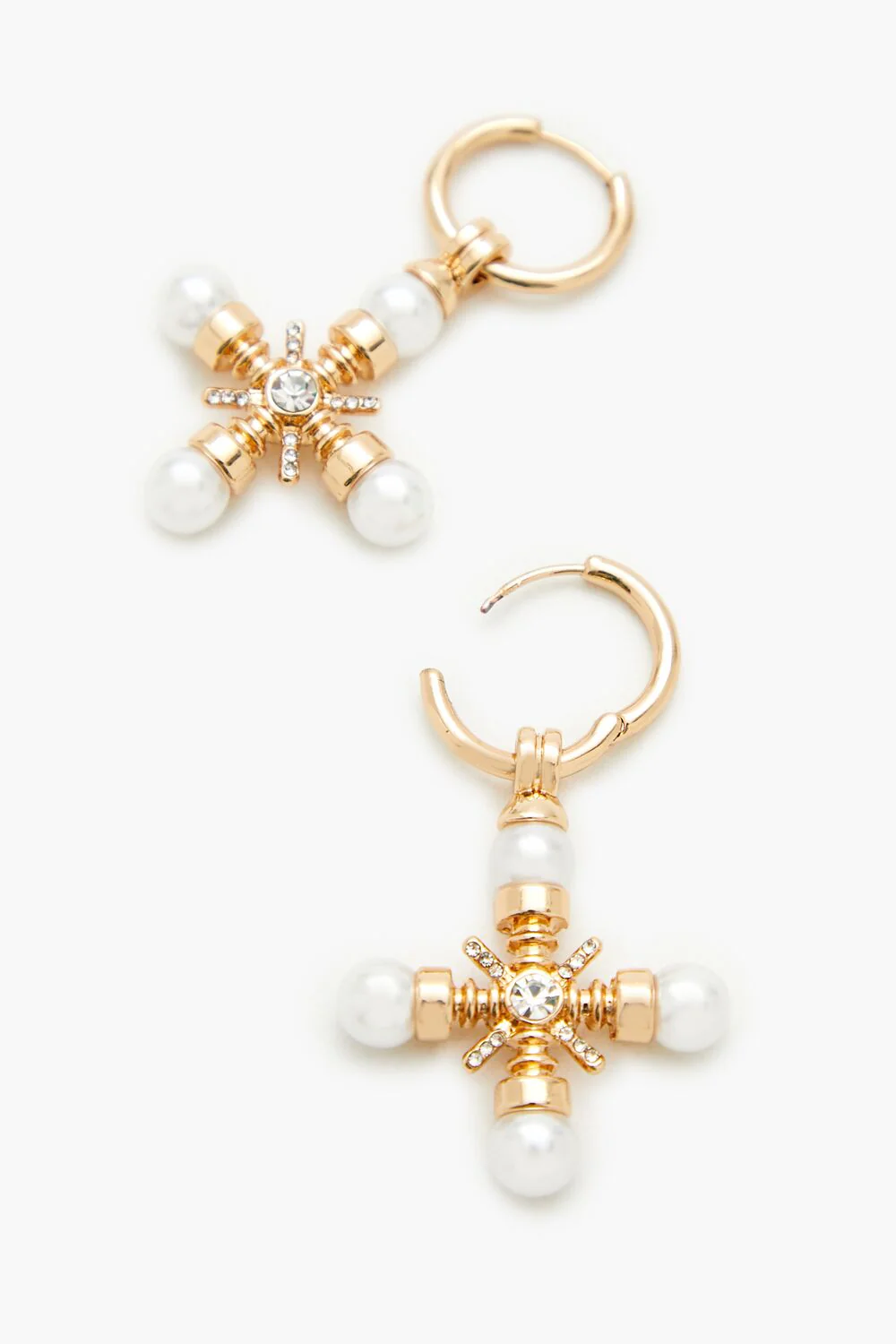 Faux Pearl Cross Hoop Drop Earrings - Image 3