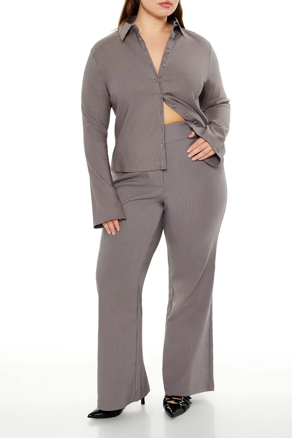Plus Size Pinstriped Bell-Sleeve Shirt - Image 2