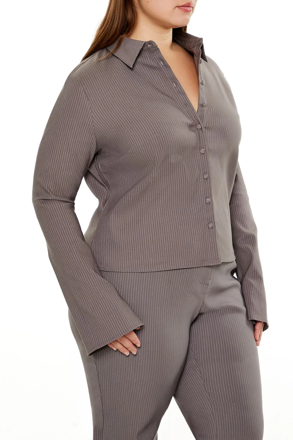 Plus Size Pinstriped Bell-Sleeve Shirt - Image 4
