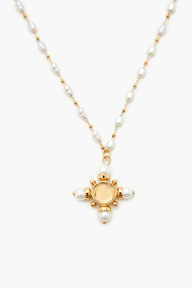 Beaded Faux Pearl Cross Necklace - Image 2
