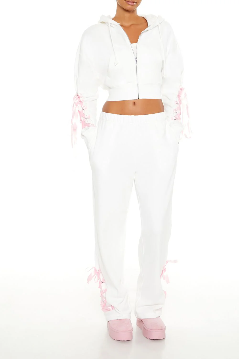 Lace-Up Bow Cropped Zip-Up Hoodie - Image 2